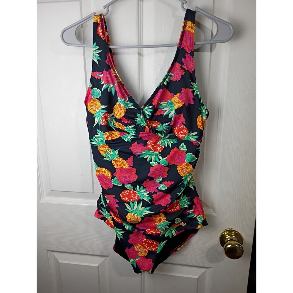 Sunseeker Pineapple Floral Plundge V Neck One Piece Swimsuit Woman 12 Vibrant